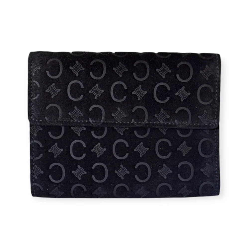 Vintage CELINE Triomphe Monogram Black Suede Wallet | Tan Leather - Picture 2 of 7